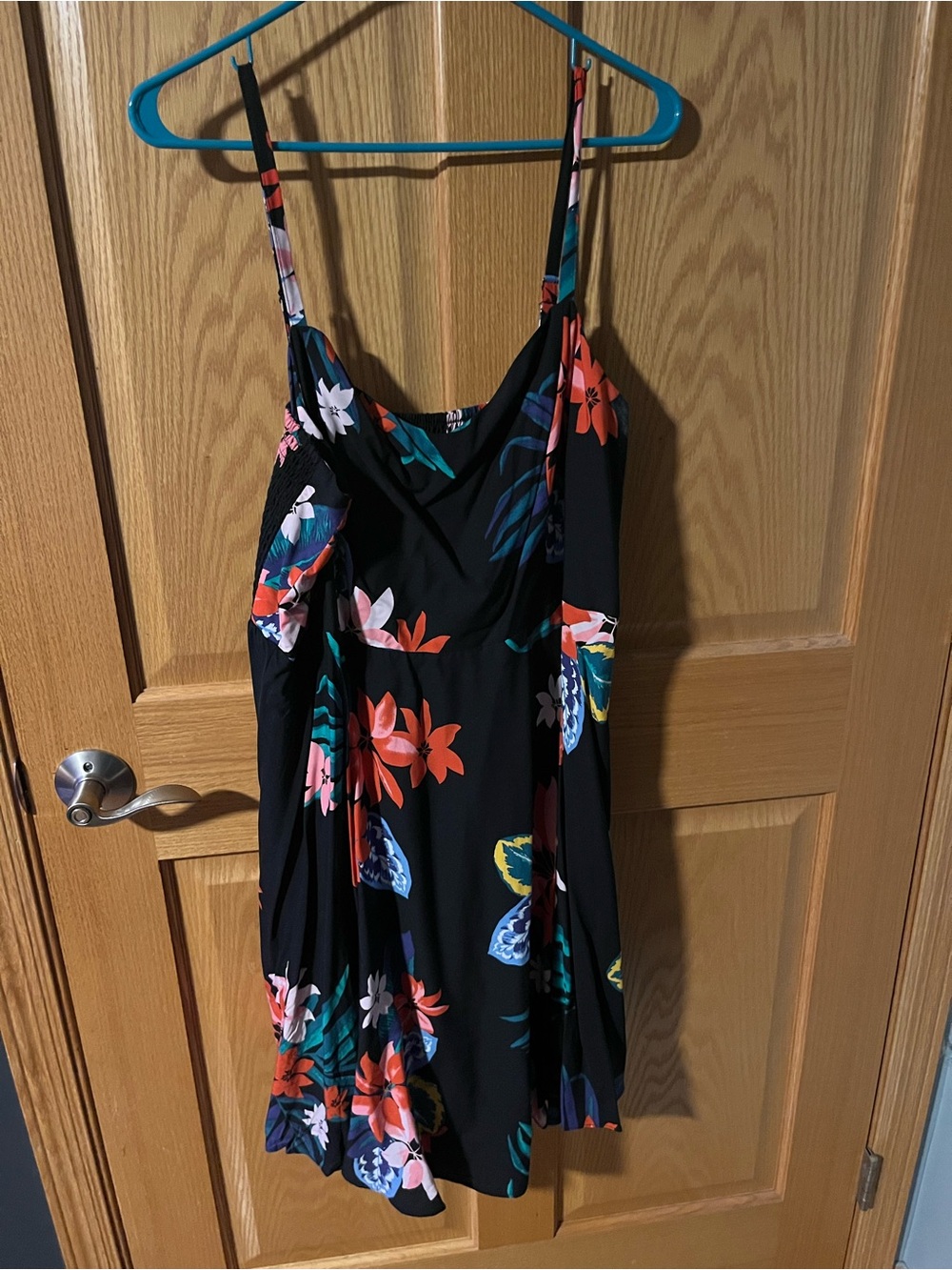 Old Navy Black Mini Dress with Coral, Teal & White Floral Print